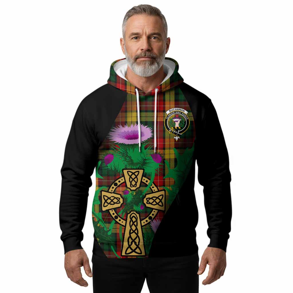 Buchanan Tartan Crest Hoodie Celtic Cross Thistle Flowers