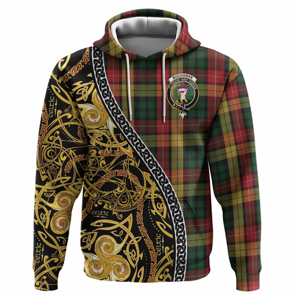 Buchanan Tartan Crest Hoodie Celtic Knot and Triple Trickle Spiral Symbols