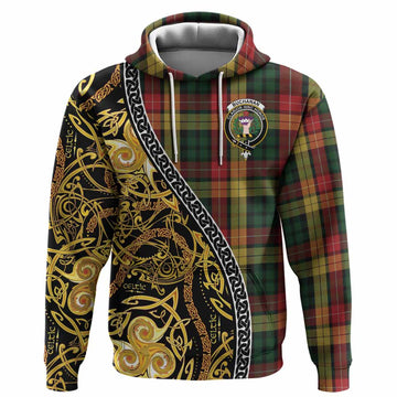 Buchanan Tartan Crest Hoodie Celtic Knot and Triple Trickle Spiral Symbols