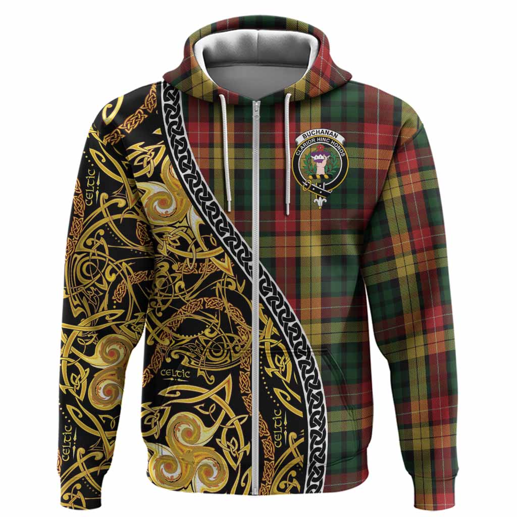 Buchanan Tartan Crest Hoodie Celtic Knot and Triple Trickle Spiral Symbols