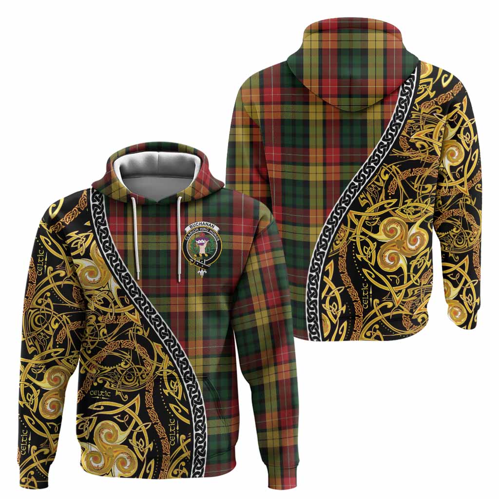 Buchanan Tartan Crest Hoodie Celtic Knot and Triple Trickle Spiral Symbols