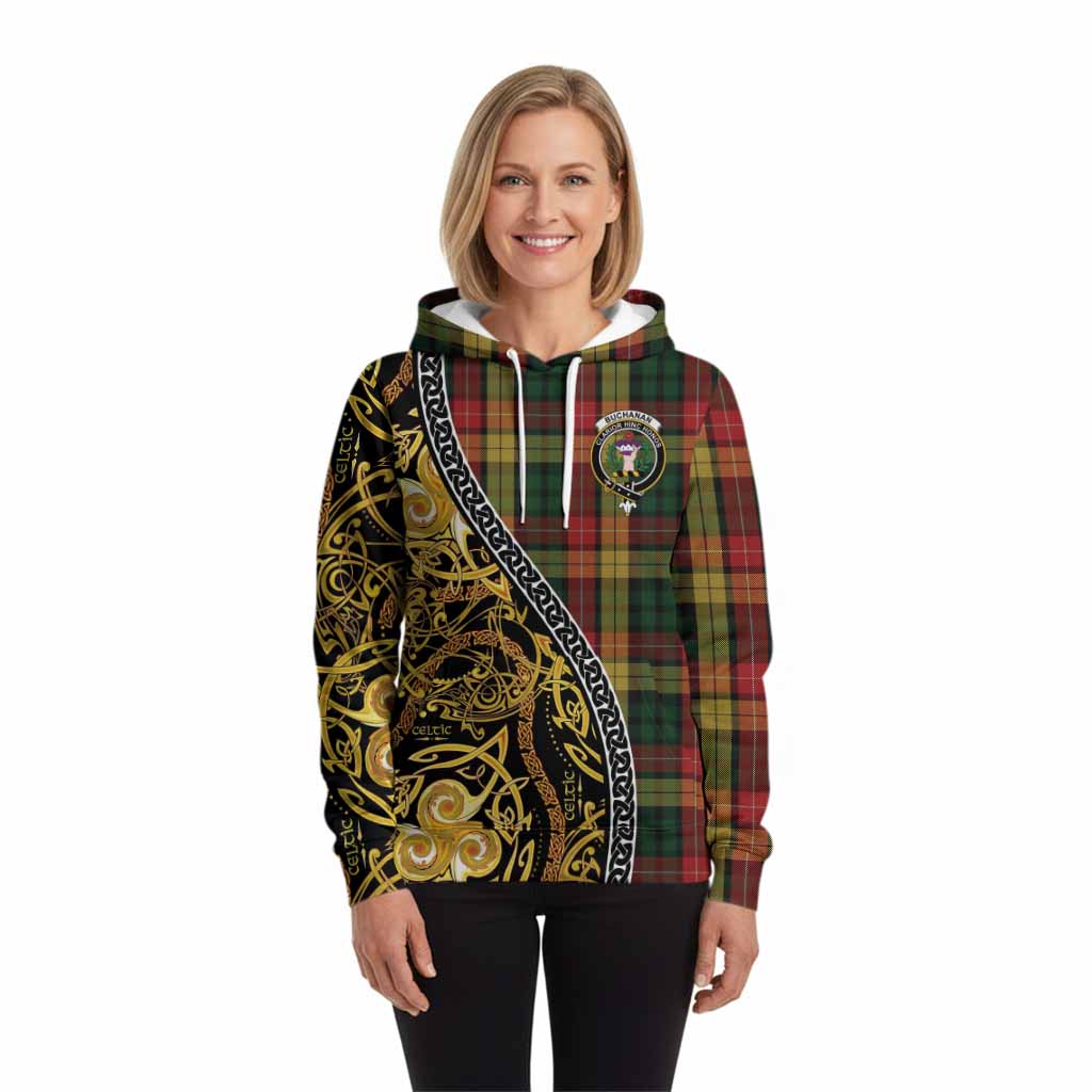 Buchanan Tartan Crest Hoodie Celtic Knot and Triple Trickle Spiral Symbols