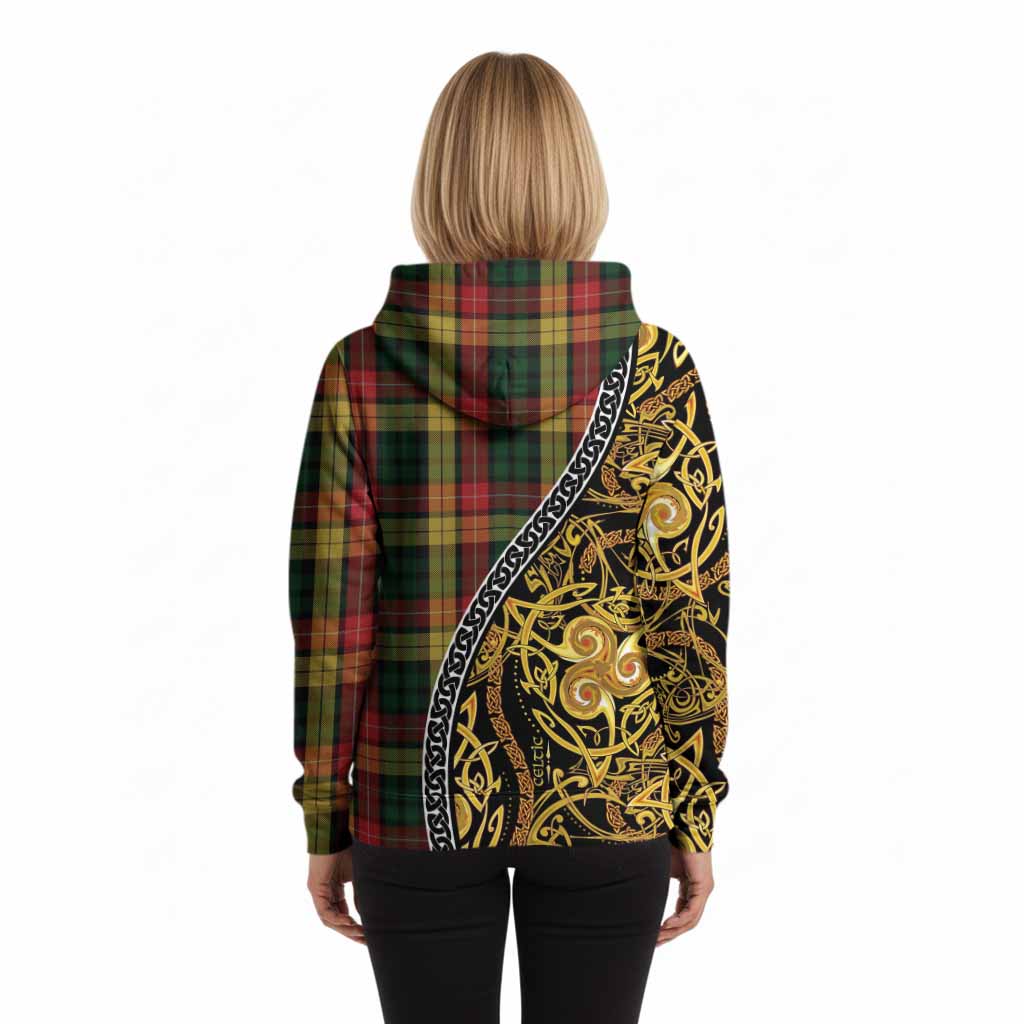 Buchanan Tartan Crest Hoodie Celtic Knot and Triple Trickle Spiral Symbols