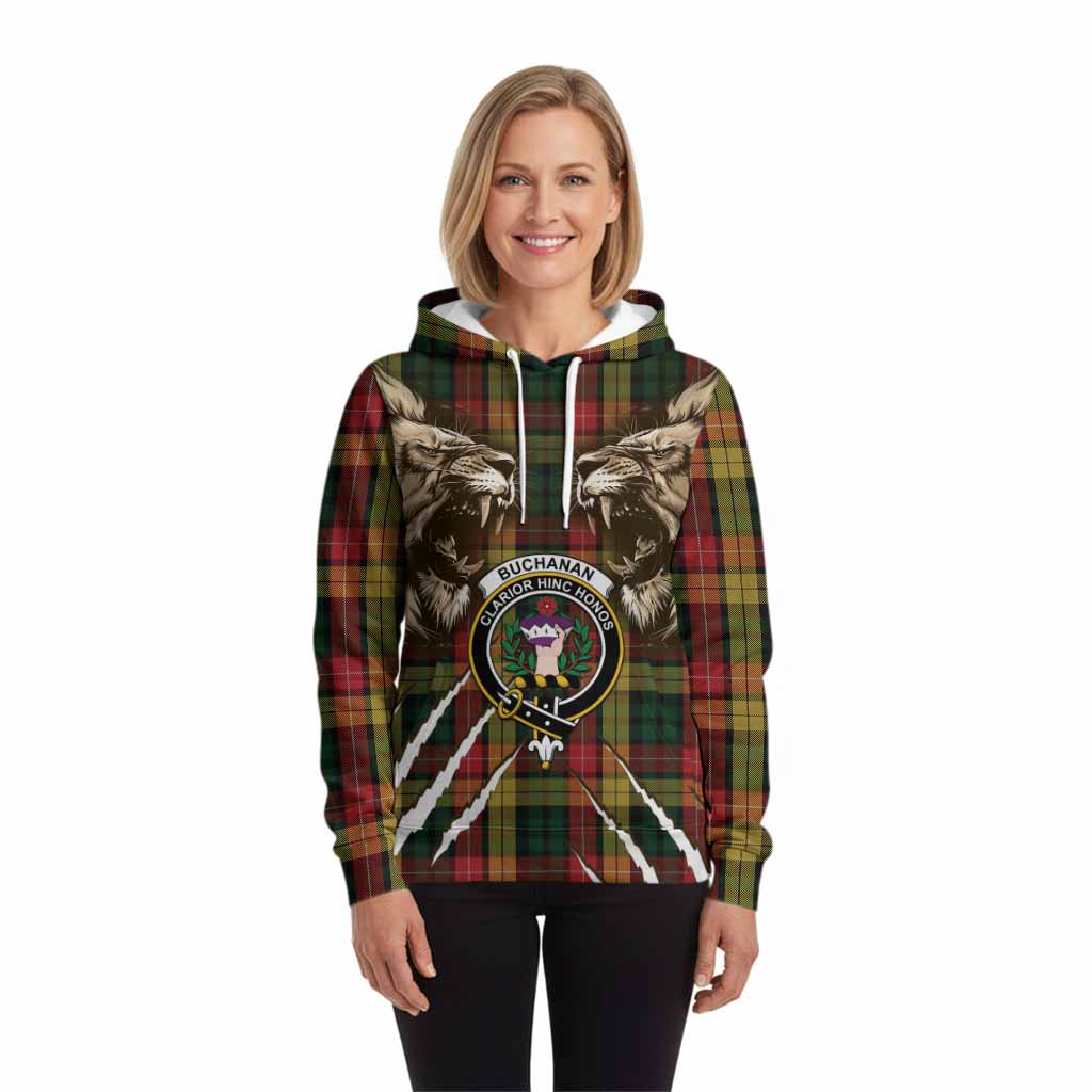 Buchanan Tartan Crest Hoodie Ferocious Lion Style