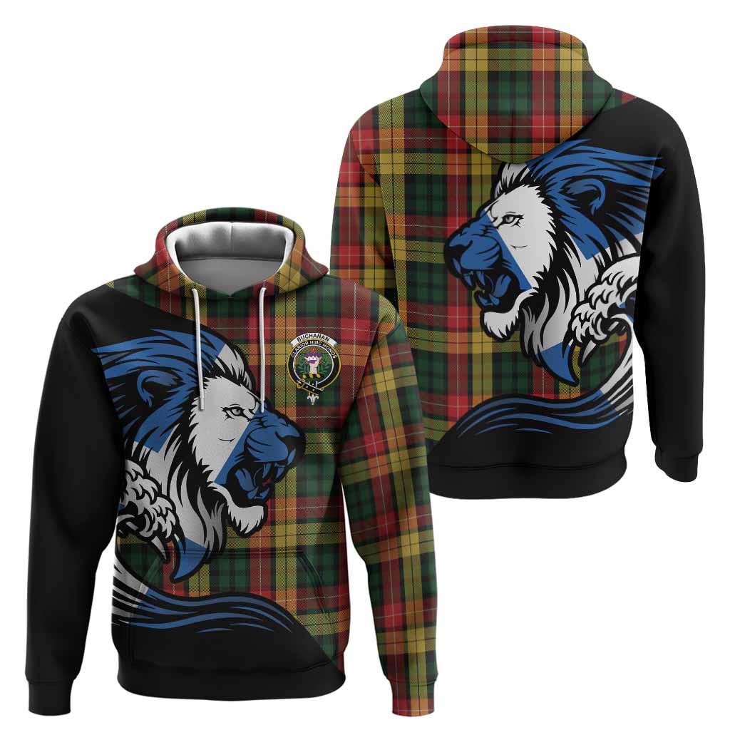 Buchanan Tartan Crest Hoodie Scottish Golden Lions Wave Flow