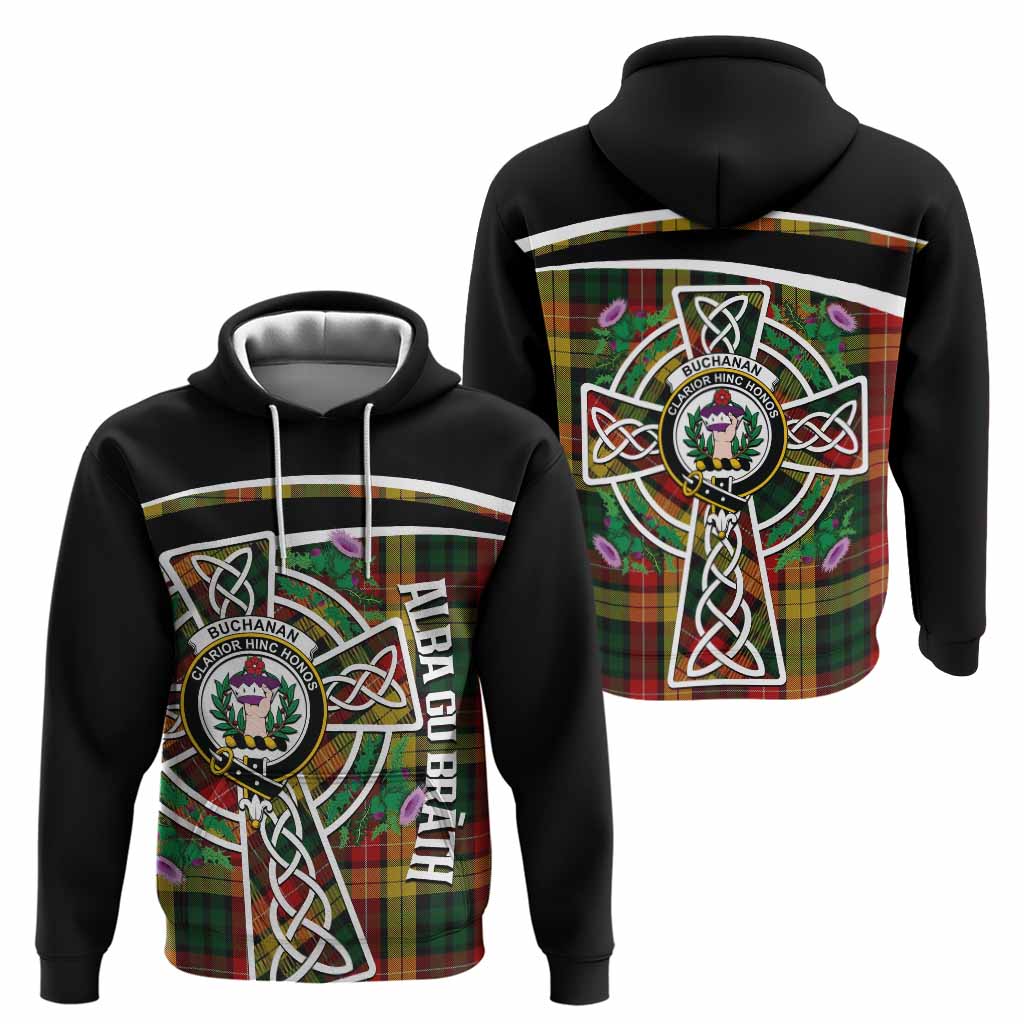 Buchanan Tartan Crest Hoodie Scottish Thistle Celtic Cross Alba Gu Brath