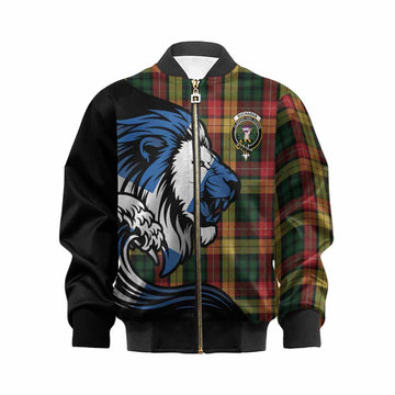 Buchanan Tartan Crest Kid Bomber Jacket Scottish Golden Lions Wave Flow