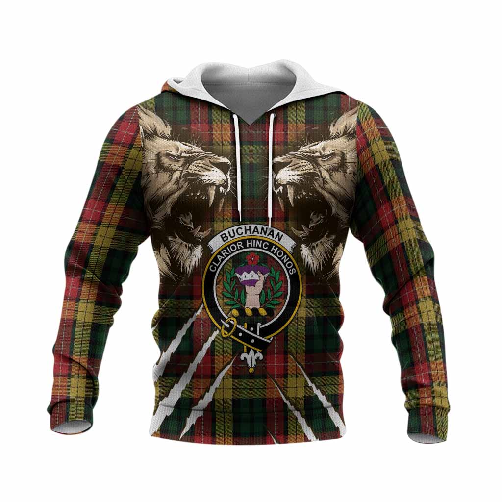 Buchanan Tartan Crest Knitted Hoodie Ferocious Lion Style