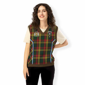 Buchanan Tartan Crest Knitted V-Neck Vest Scotland Coat of Arm Flag Style