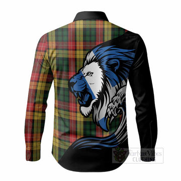 Buchanan Tartan Crest Long Sleeve Button Shirts Scottish Golden Lions Wave Flow