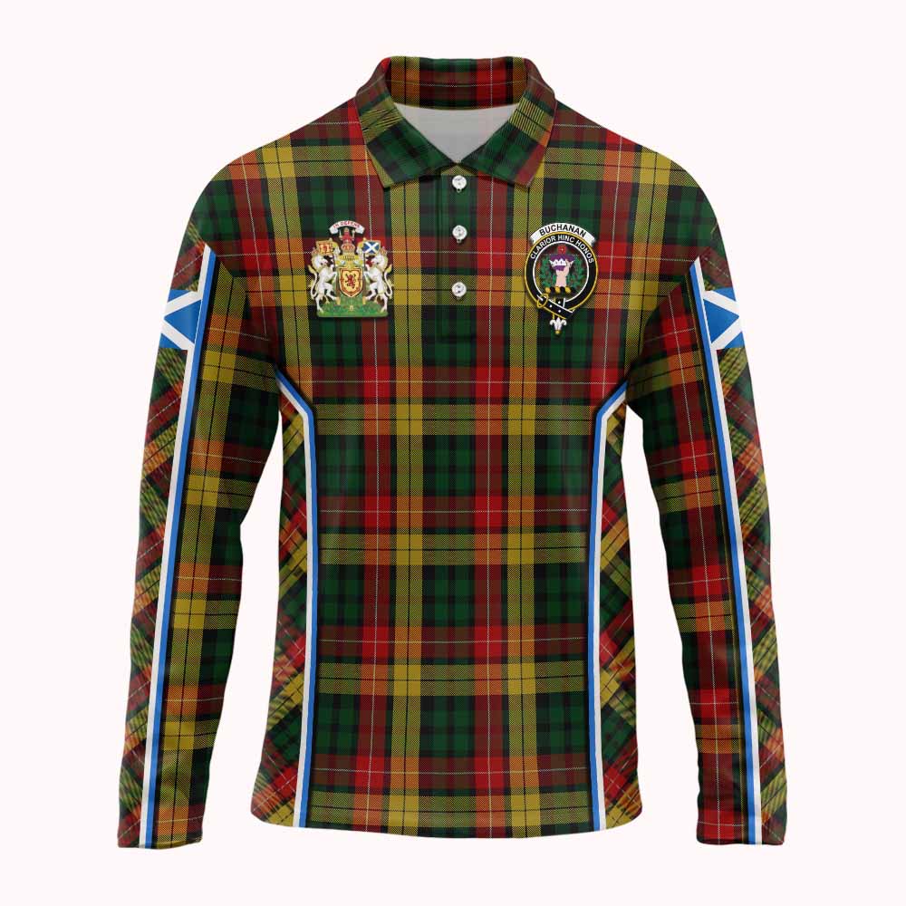 Buchanan Tartan Crest Long Sleeve Polo Shirt Scotland Coat of Arm Flag Style - Tartan Vibes Clothing
