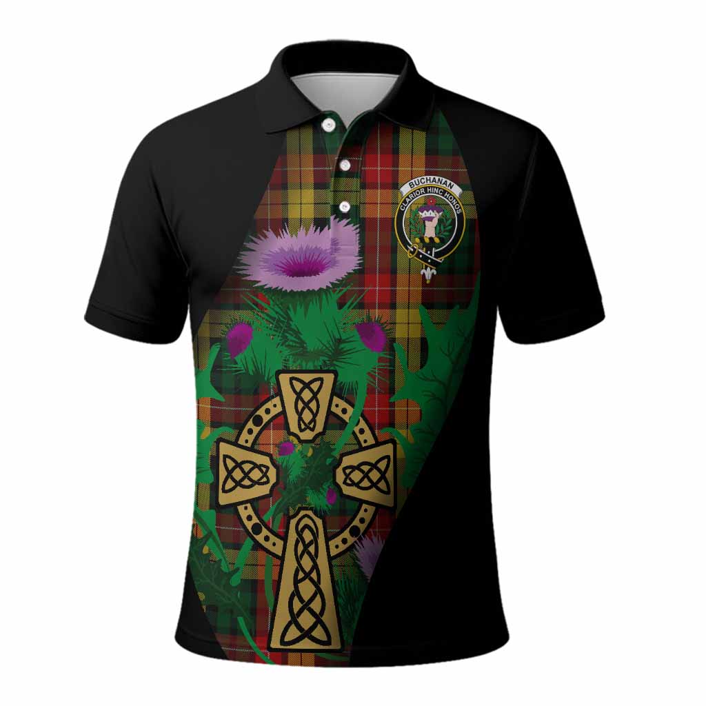 Buchanan Tartan Crest Polo Shirt Celtic Cross Thistle Flowers