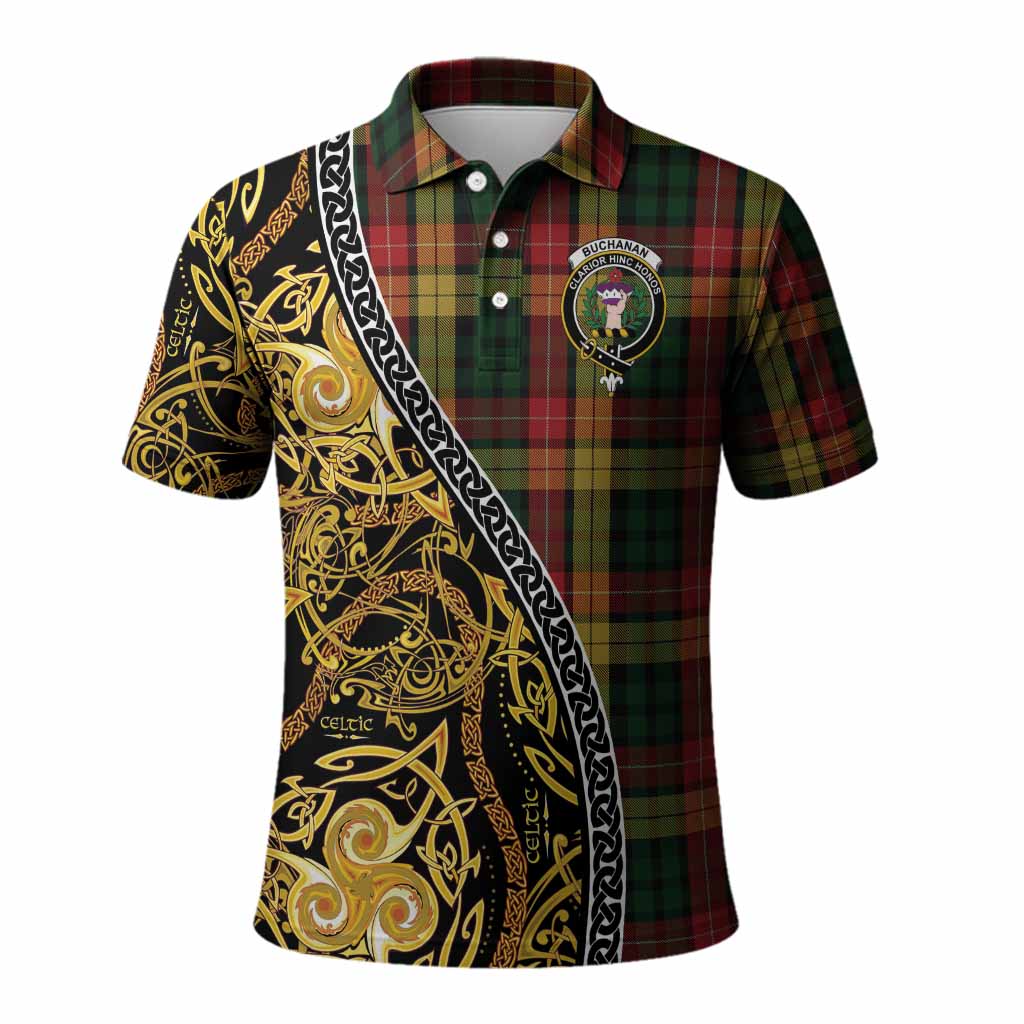 Buchanan Tartan Crest Polo Shirt Celtic Knot and Triple Trickle Spiral Symbols
