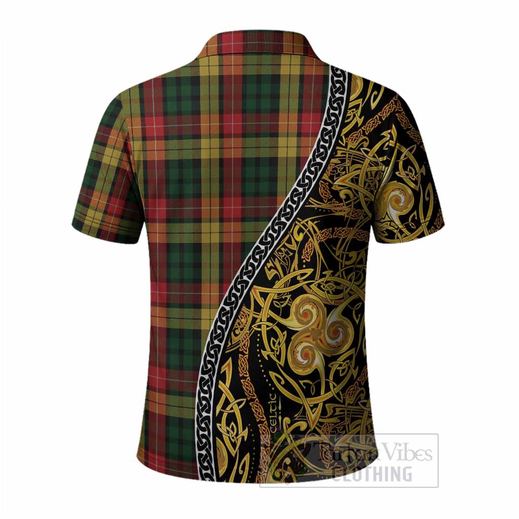 Buchanan Tartan Crest Polo Shirt Celtic Knot and Triple Trickle Spiral Symbols