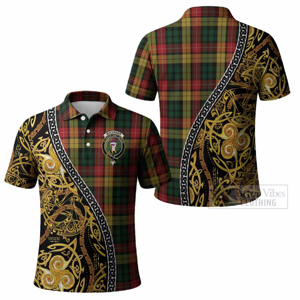 Buchanan Tartan Crest Polo Shirt Celtic Knot and Triple Trickle Spiral Symbols