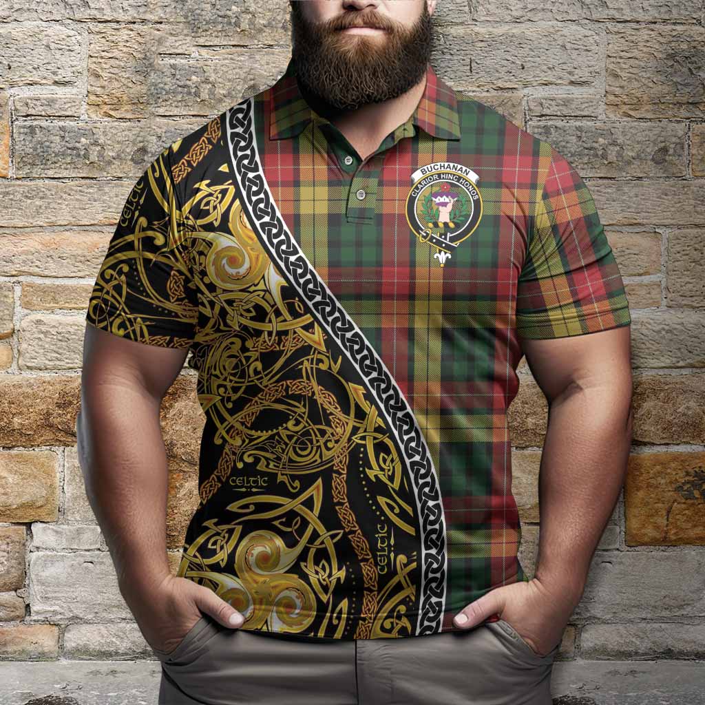 Buchanan Tartan Crest Polo Shirt Celtic Knot and Triple Trickle Spiral Symbols