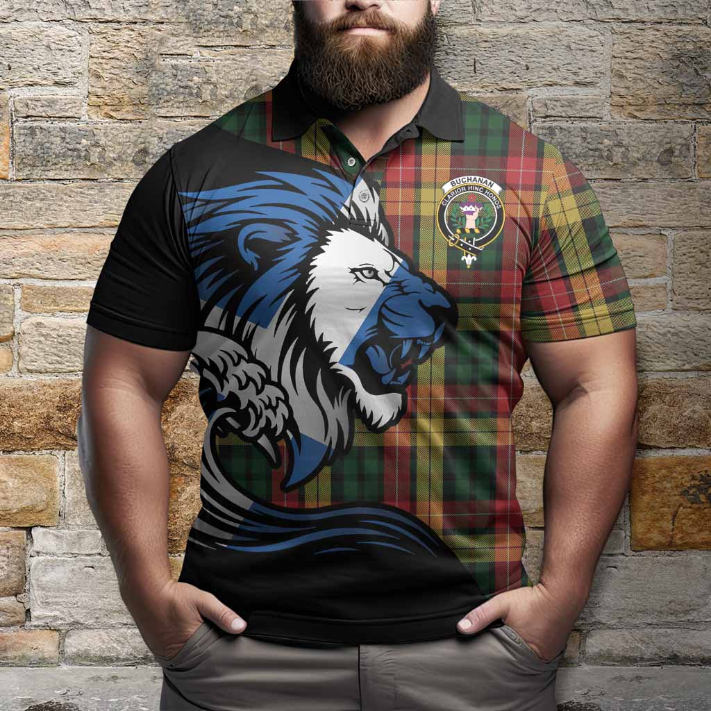 Buchanan Tartan Crest Polo Shirt Scottish Golden Lions Wave Flow