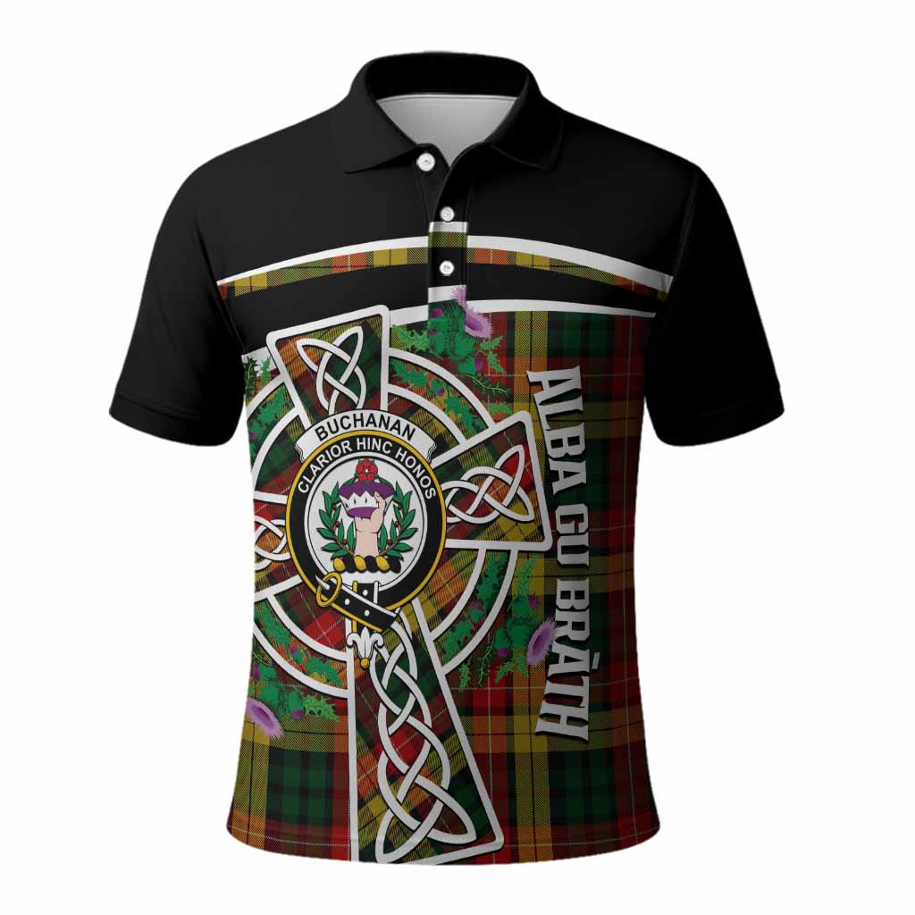 Buchanan Tartan Crest Polo Shirt Scottish Thistle Celtic Cross Alba Gu Brath