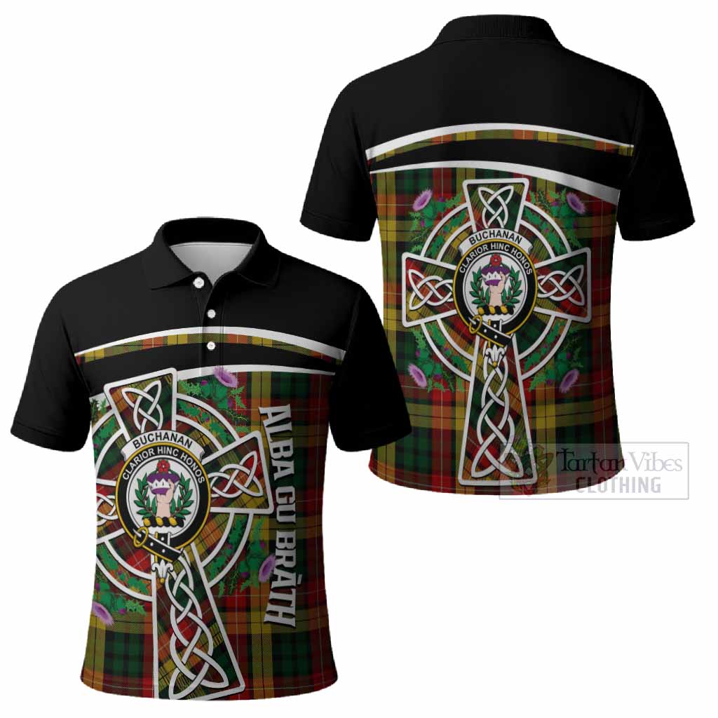 Buchanan Tartan Crest Polo Shirt Scottish Thistle Celtic Cross Alba Gu Brath