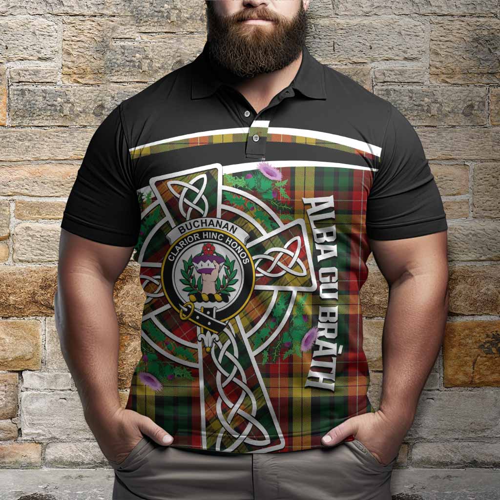 Buchanan Tartan Crest Polo Shirt Scottish Thistle Celtic Cross Alba Gu Brath