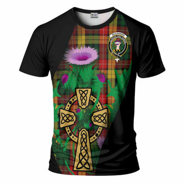 Buchanan Tartan Crest T-Shirt Celtic Cross Thistle Flowers