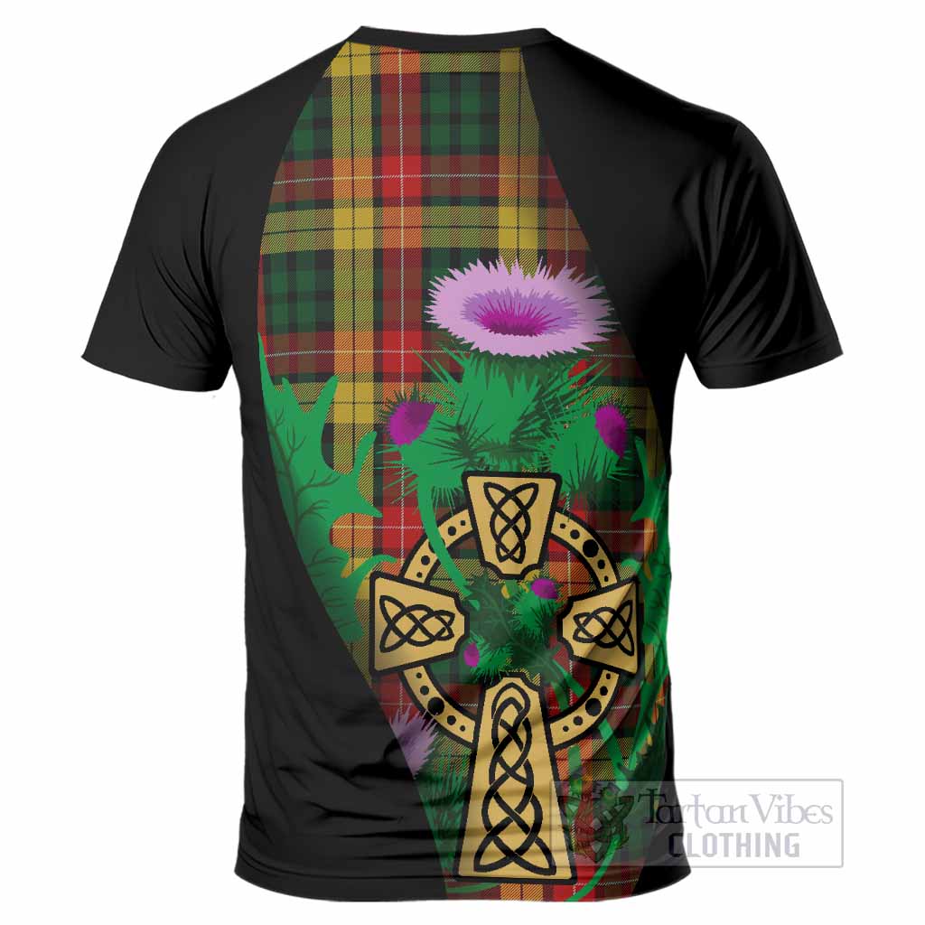 Buchanan Tartan Crest T-Shirt Celtic Cross Thistle Flowers