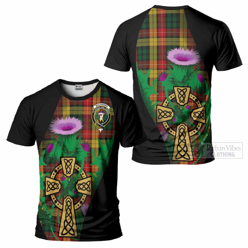 Buchanan Tartan Crest T-Shirt Celtic Cross Thistle Flowers