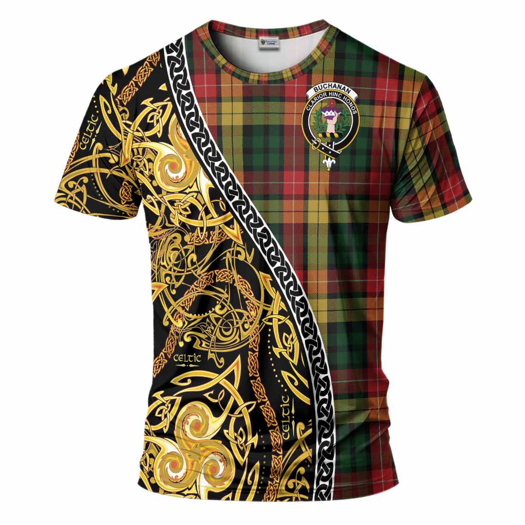 Buchanan Tartan Crest T-Shirt Celtic Knot and Triple Trickle Spiral Symbols