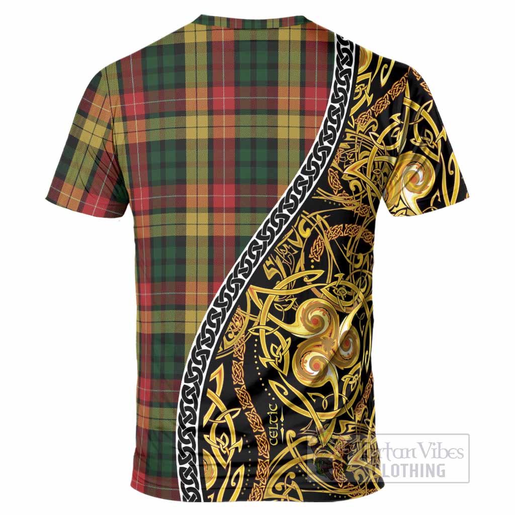 Buchanan Tartan Crest T-Shirt Celtic Knot and Triple Trickle Spiral Symbols