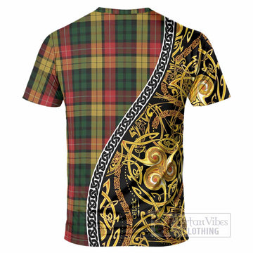 Buchanan Tartan Crest T-Shirt Celtic Knot and Triple Trickle Spiral Symbols