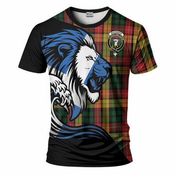 Buchanan Tartan Crest T-Shirt Scottish Golden Lions Wave Flow