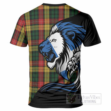 Buchanan Tartan Crest T-Shirt Scottish Golden Lions Wave Flow