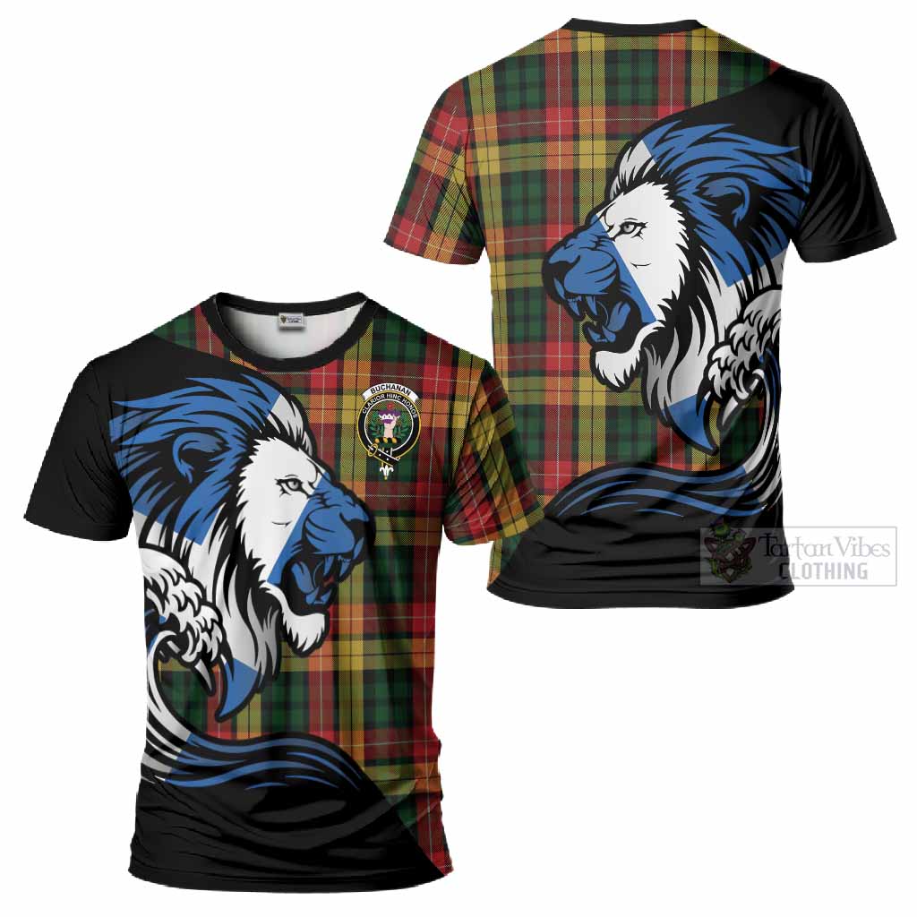 Buchanan Tartan Crest T-Shirt Scottish Golden Lions Wave Flow