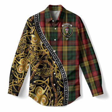 Buchanan Tartan Crest Women Casual Shirt Celtic Knot and Triple Trickle Spiral Symbols