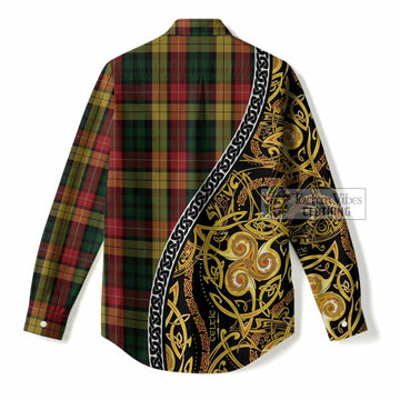 Buchanan Tartan Crest Women Casual Shirt Celtic Knot and Triple Trickle Spiral Symbols