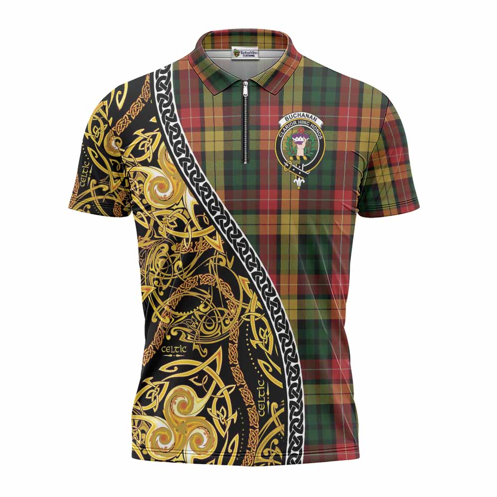 Buchanan Tartan Crest Zipper Polo Shirt Celtic Knot and Triple Trickle Spiral Symbols