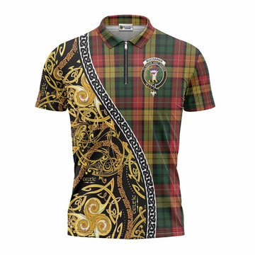 Buchanan Tartan Crest Zipper Polo Shirt Celtic Knot and Triple Trickle Spiral Symbols