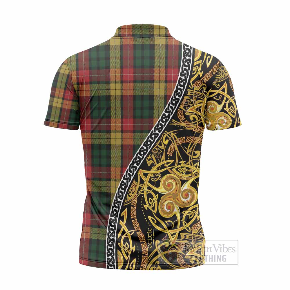 Buchanan Tartan Crest Zipper Polo Shirt Celtic Knot and Triple Trickle Spiral Symbols