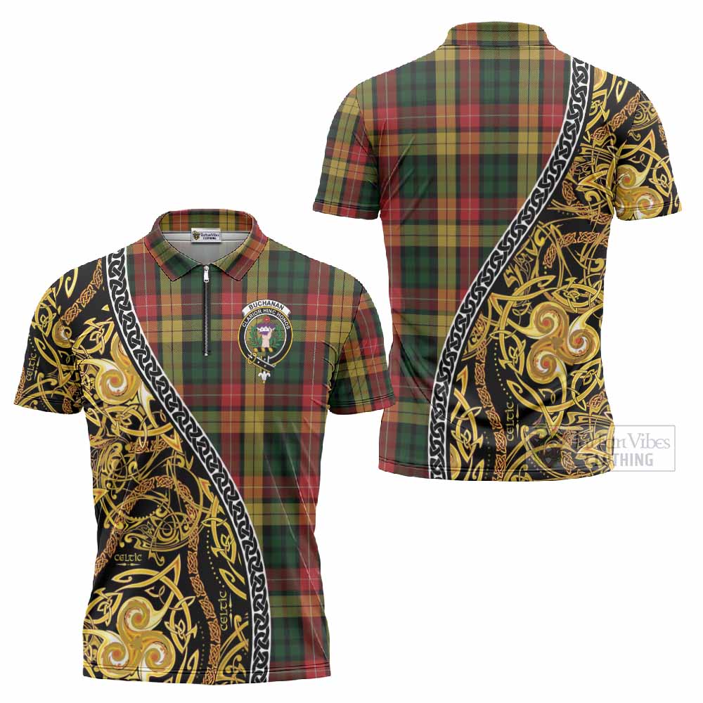 Buchanan Tartan Crest Zipper Polo Shirt Celtic Knot and Triple Trickle Spiral Symbols