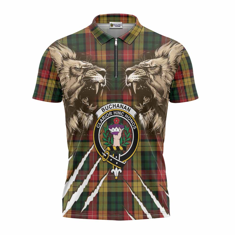Buchanan Tartan Crest Zipper Polo Shirt Ferocious Lion Style
