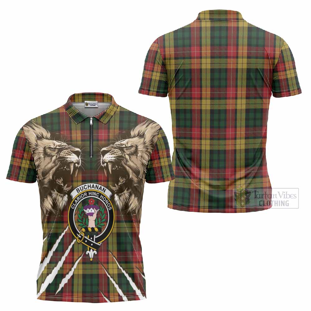 Buchanan Tartan Crest Zipper Polo Shirt Ferocious Lion Style