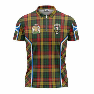 Buchanan Tartan Crest Zipper Polo Shirt Scotland Coat of Arm Flag Style