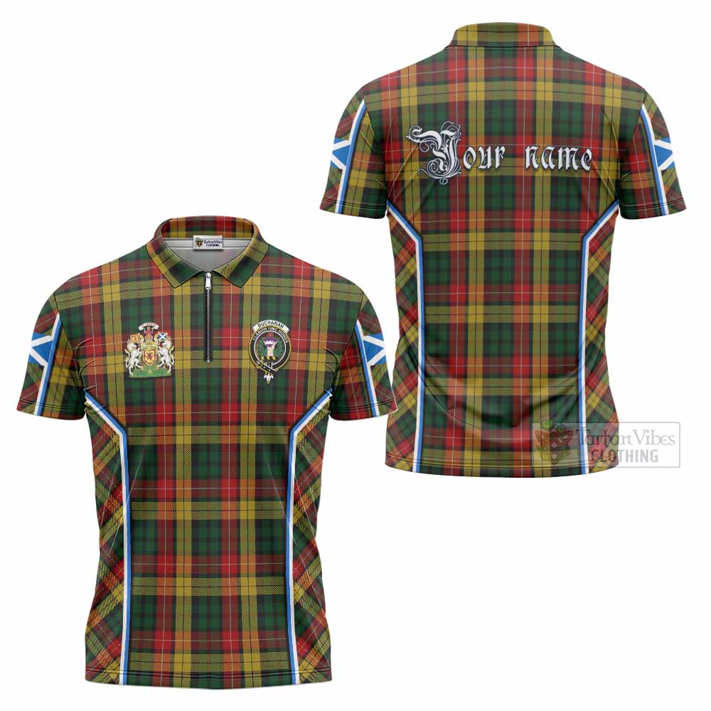 Buchanan Tartan Crest Zipper Polo Shirt Scotland Coat of Arm Flag Style - Tartan Vibes Clothing