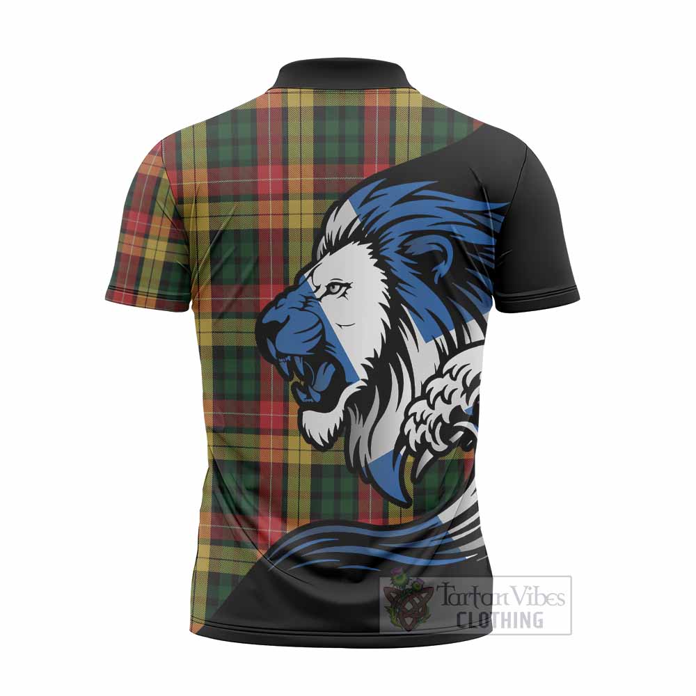 Buchanan Tartan Crest Zipper Polo Shirt Scottish Golden Lions Wave Flow