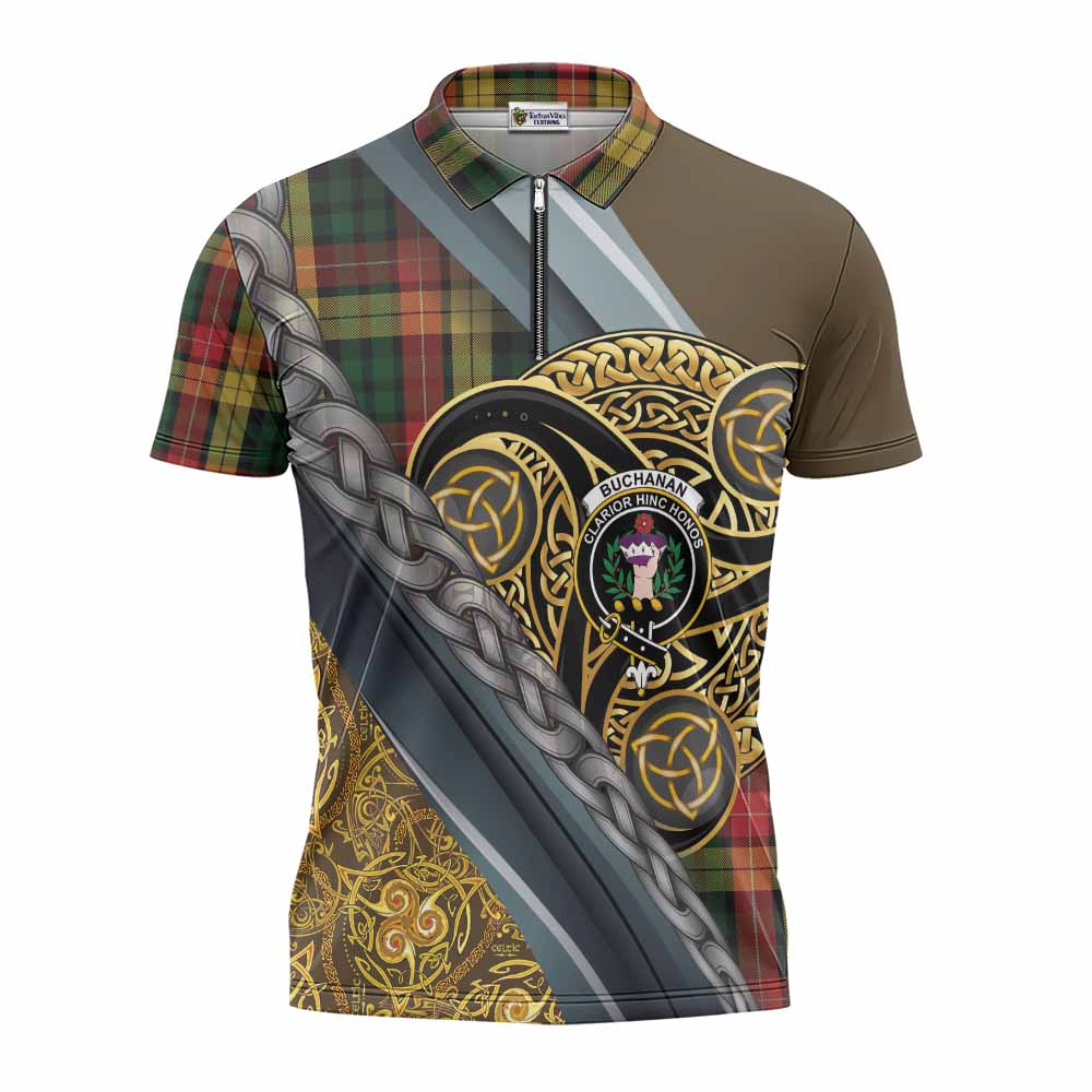 Buchanan Tartan Crest Zipper Polo Shirt Scottish Triskele Celtic