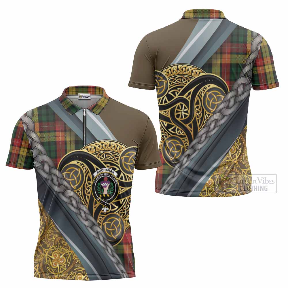 Buchanan Tartan Crest Zipper Polo Shirt Scottish Triskele Celtic