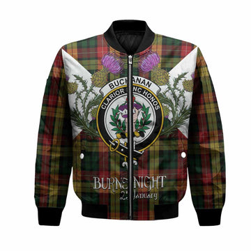 Buchanan Tartan Family Crest Bomber Jacket Scottish Burns Night Thistle Floral