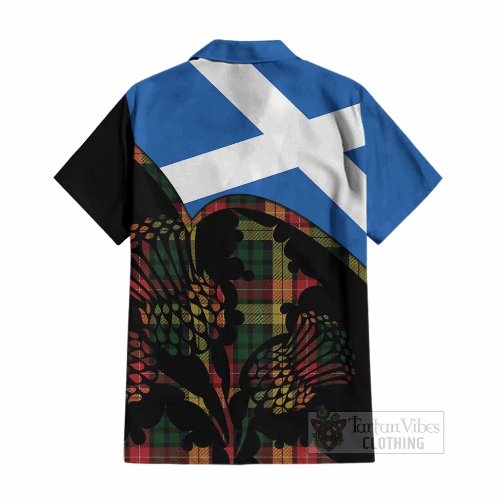 Buchanan Tartan Family Crest Cotton Hawaiian Shirt Scotland Thistle Floral Flag Style
