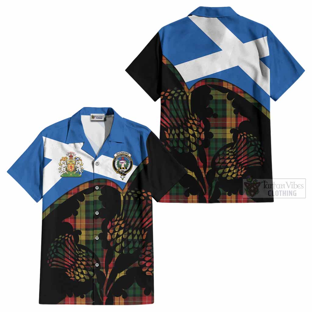 Buchanan Tartan Family Crest Cotton Hawaiian Shirt Scotland Thistle Floral Flag Style
