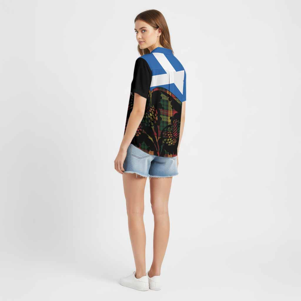 Buchanan Tartan Family Crest Cotton Hawaiian Shirt Scotland Thistle Floral Flag Style